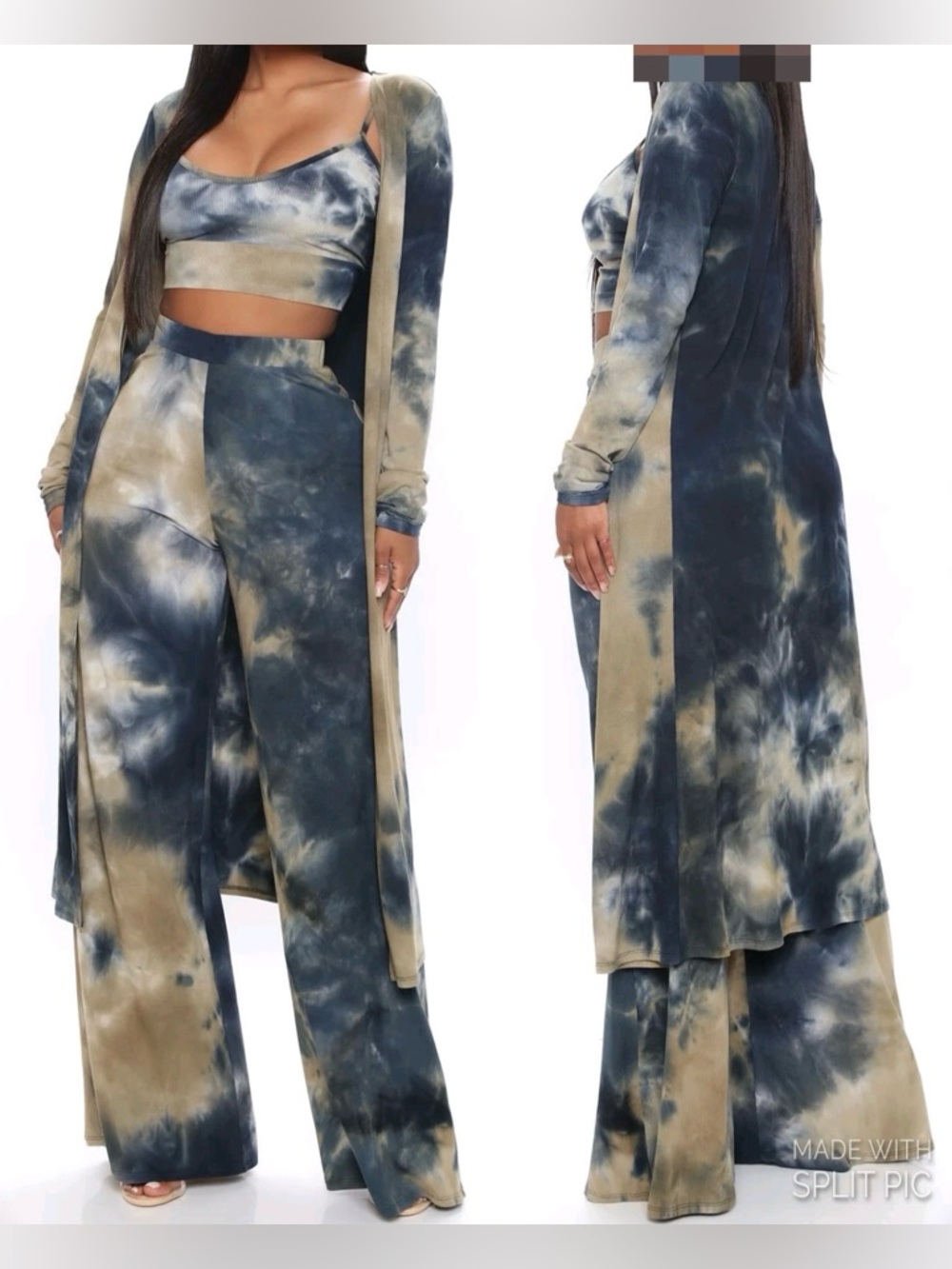 3 Piece Tie-Dye Wide Leg Pants Set with Long Cardigan & Cropped Cami